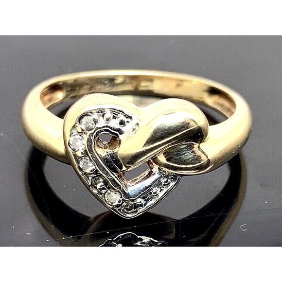 Heart Shape Love Knot Ring Diamond 10k Yellow Gold Estate Jewelry Women'…